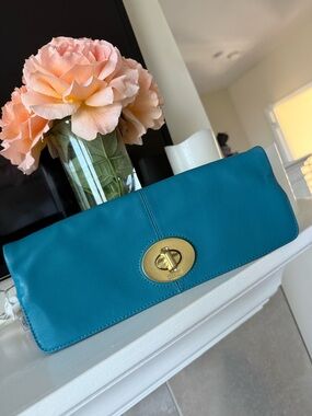 Coach Madeline leather fold over turn lock teal blue clutch